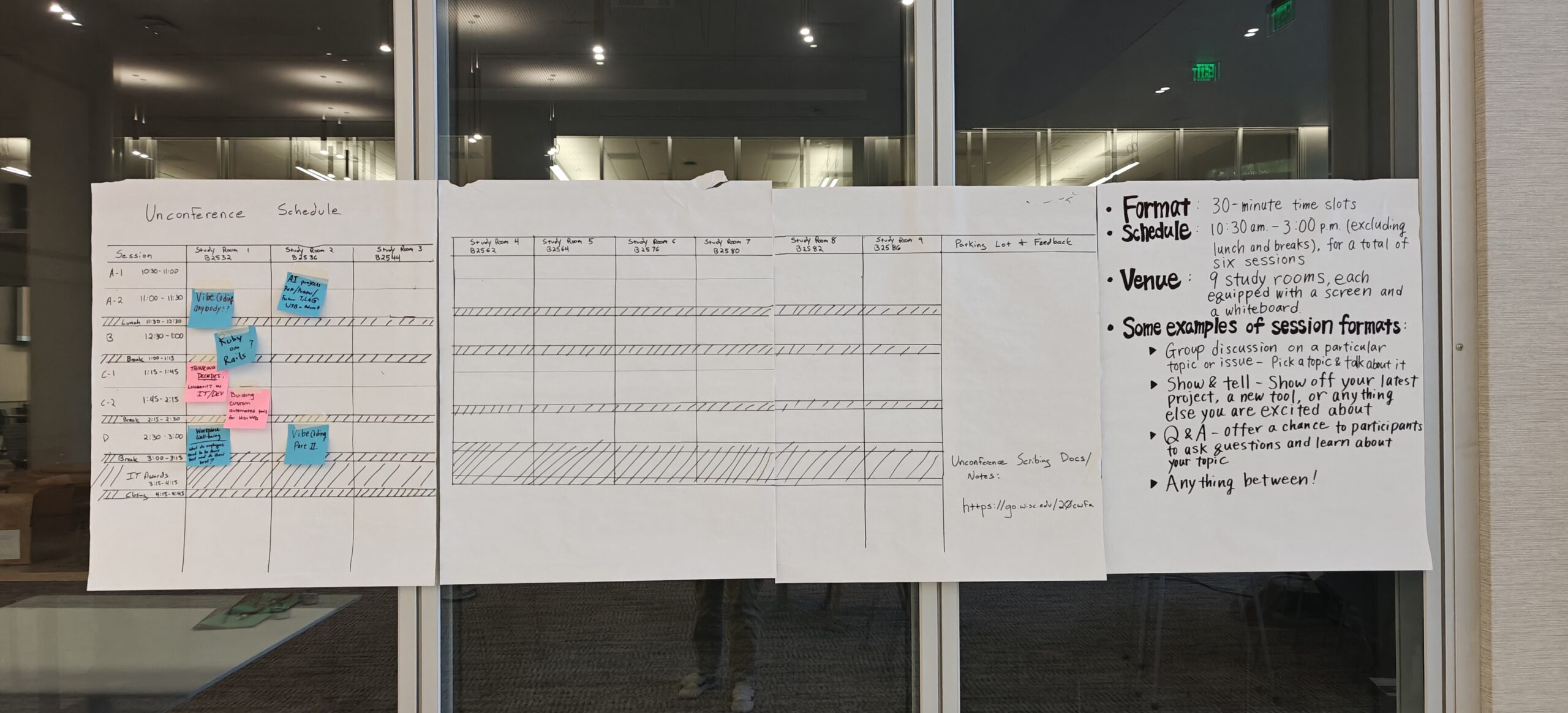 Unconference schedule showing several Post-It notes with discussion topics.