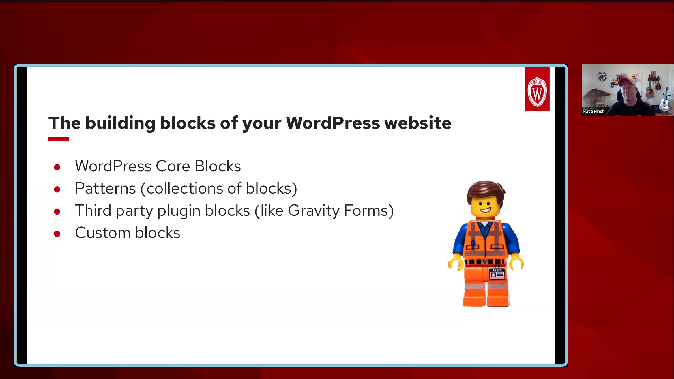 A conference slide titled "The building blocks of a WordPress website," showing a LEGO figurine standing next to a bulleted list of web components.