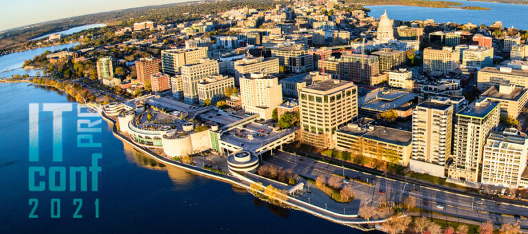 "IT Pro Conf 2021" over the top of an aerial image of downtown Madison.