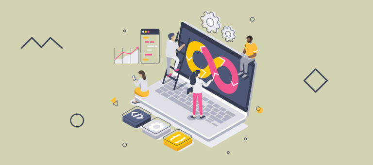 Illustration of people working on devices, making updates, and coding.