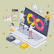 Illustration of people working on devices, making updates, and coding.