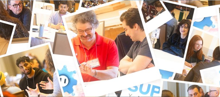 A photo collage from the IT Support Symposium showing people talking and interacting with each other.