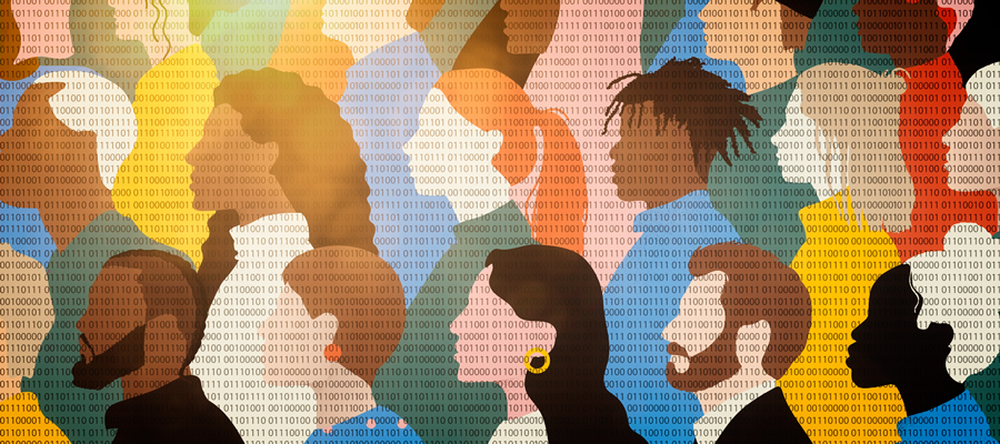 Diverse, inclusive illustration with zeros and ones to represent data