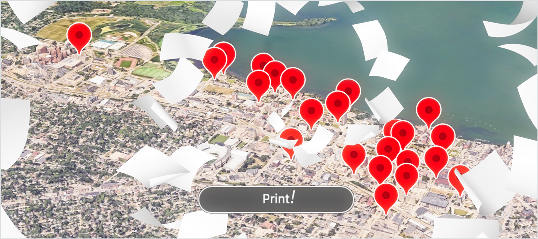 InfoLabs location map with papers flying and a print button