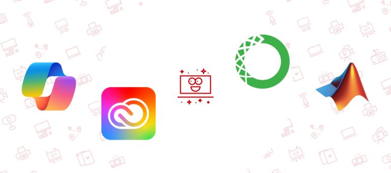 Logos for Copilot, Adobe, Anaconda, and MATLAB alongside a happy laptop mascot named Sparkles.