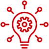 Line art image of a light bulb with a gear in the center
