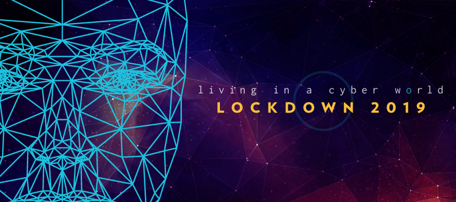 Human face made of a polygonal mesh with text, "Living in a cyber world, Lockdown 2019"