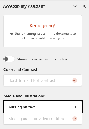 Microsoft PowerPoint application with accessibility check panel open. There is one issue identified, "Missing alt text," and it is circled in black