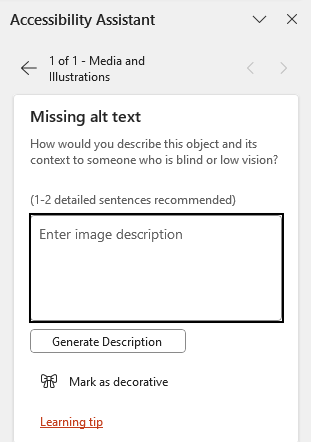 PowerPoint application with accessibility check panel open on Missing Alt Text issue. Empty Alt text field is circled in black