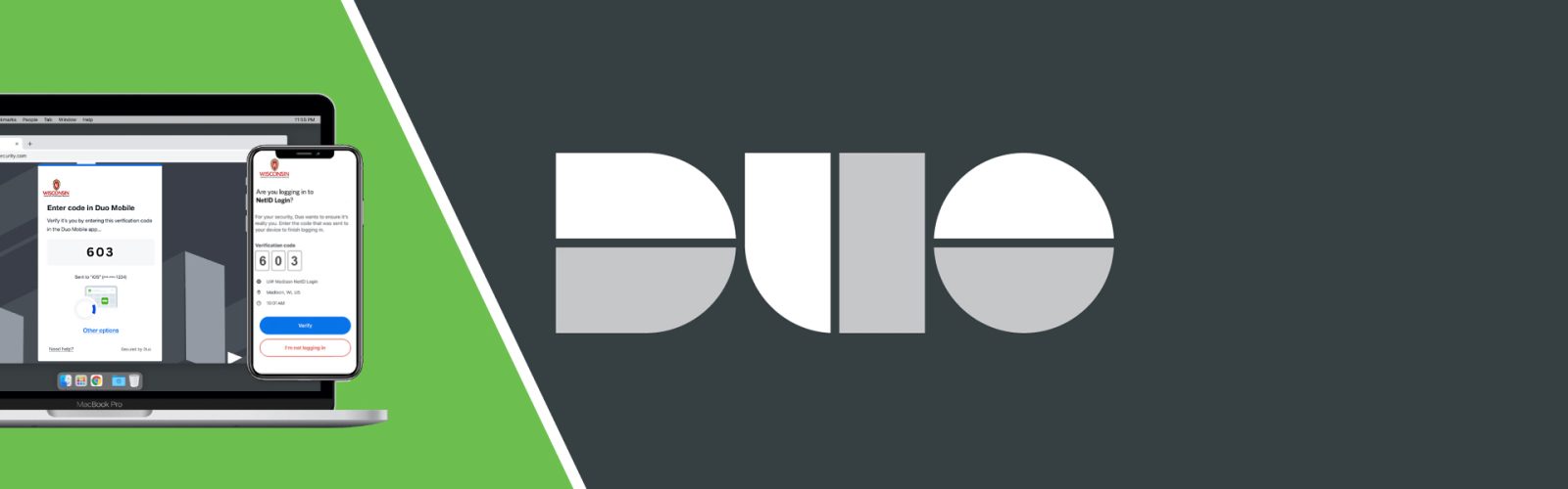 Laptop and smartphone showing NetID login prompt. DUO logo.