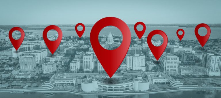 Madison skyline with a series of navigation pins