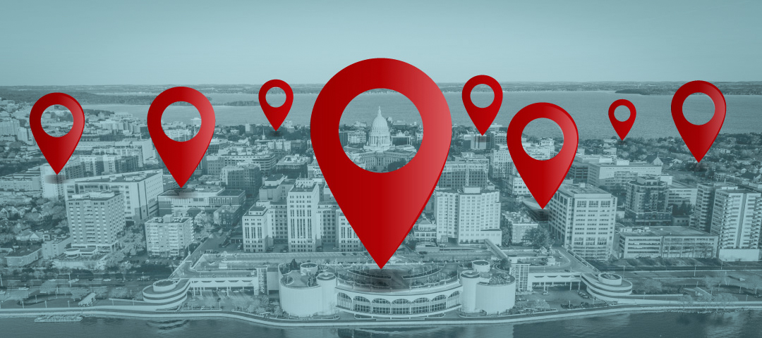 Madison skyline with a series of navigation pins