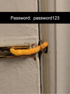 Door lock held together by a crisp, yellow Cheeto.