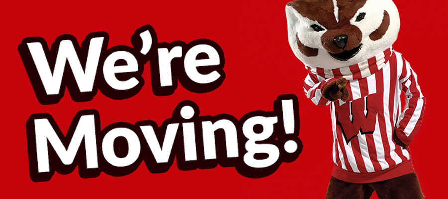 Photo of Bucky Badger with the words "We're Moving!"