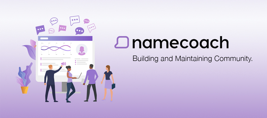 NameCoach logo with an illustration of users using NameCoach