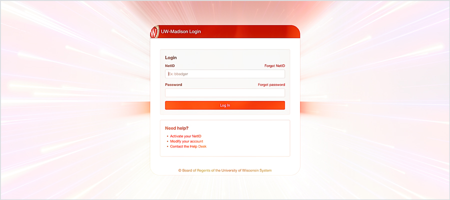 UW–Madison's NetID login screen zooming through bright lights.
