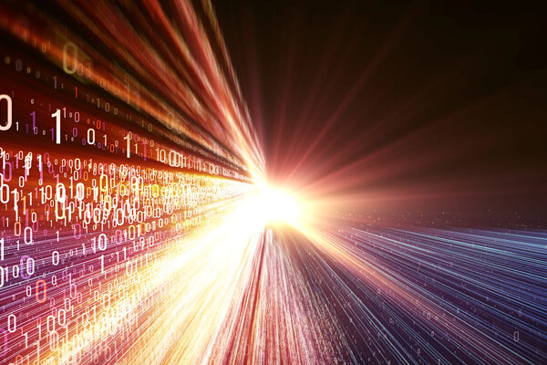 Ones and zeros streaming into a colorful, bright light