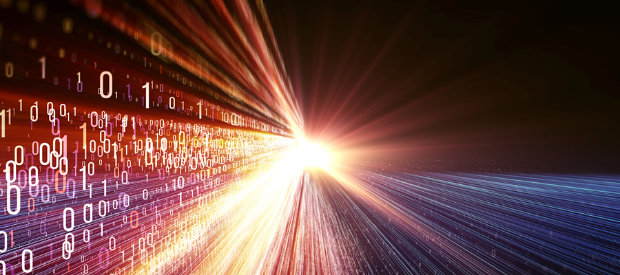 Ones and zeros streaming into a colorful, bright light