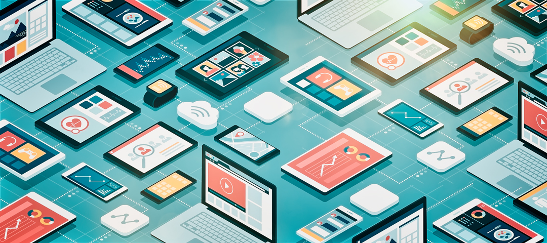 An illustration of connected laptops, tablets and smartphones displaying app screens.