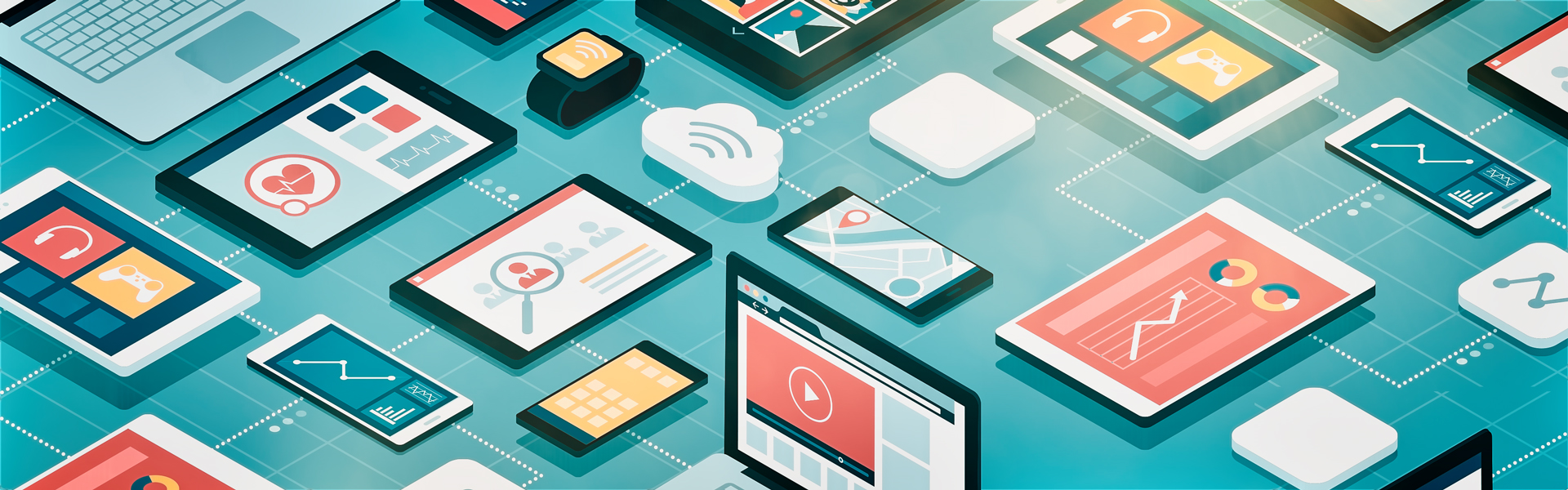 An illustration of connected laptops, tablets and smartphones displaying app screens.