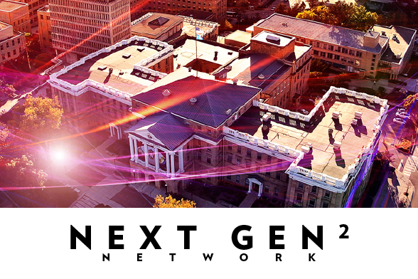 "Next Gen² Network" with an aerial view of Bascom Hall surrounded by data streams