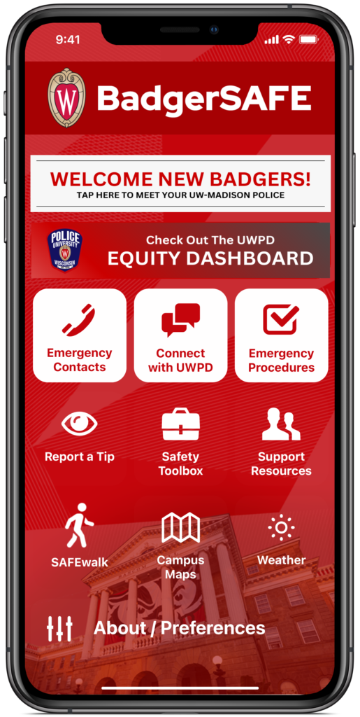 smartphone screen showing the BadgerSAFE app home screen and features