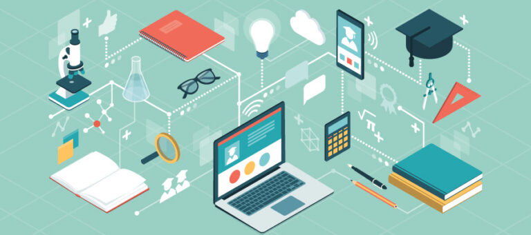An illustration of tools and devices to support remote learning and working, including a laptop, tablet, notebooks, pens, a microscope and other tools and digital symbols, such as the wifi symbol