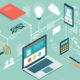 An illustration of tools and devices to support remote learning and working, including a laptop, tablet, notebooks, pens, a microscope and other tools and digital symbols, such as the wifi symbol