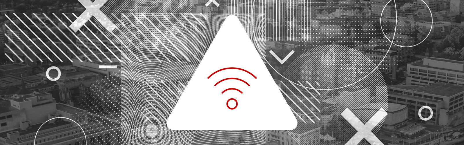 Glitchy background image of campus with wifi icon