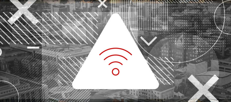 Glitchy background image of campus with wifi icon