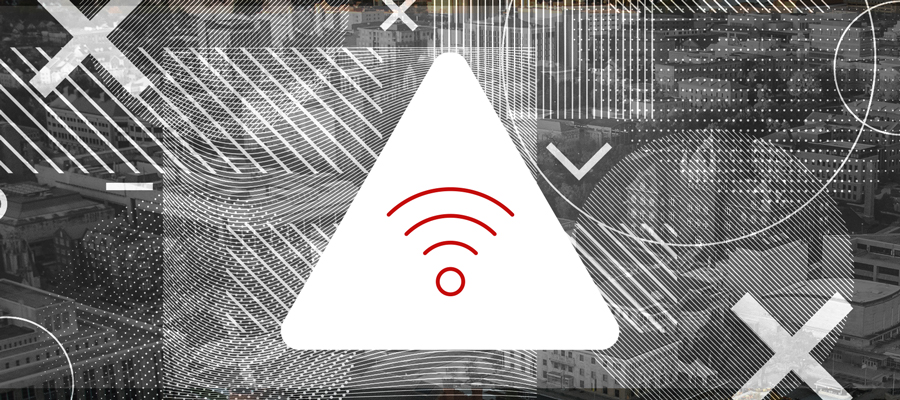 Glitchy background image of campus with wifi icon