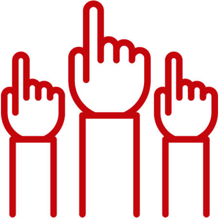 3 hands raised, fingers pointing upward