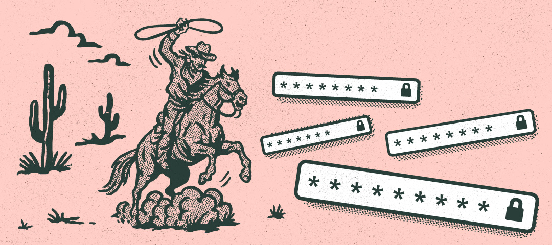 Cowboy with a lasso on horseback chasing after passwords