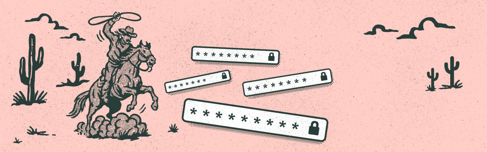 Cowboy with a lasso on horseback chasing after passwords