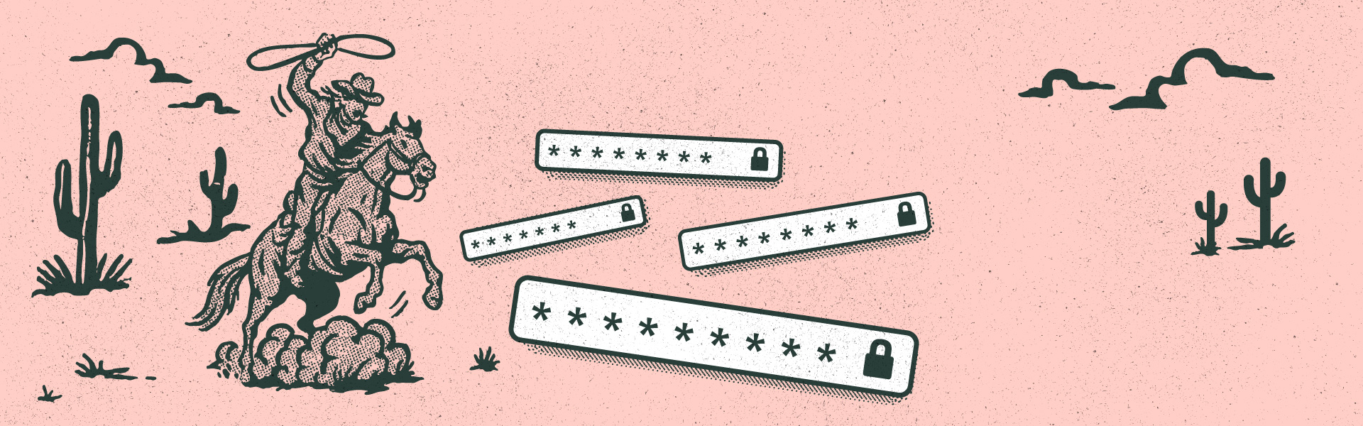 Cowboy with a lasso on horseback chasing after passwords