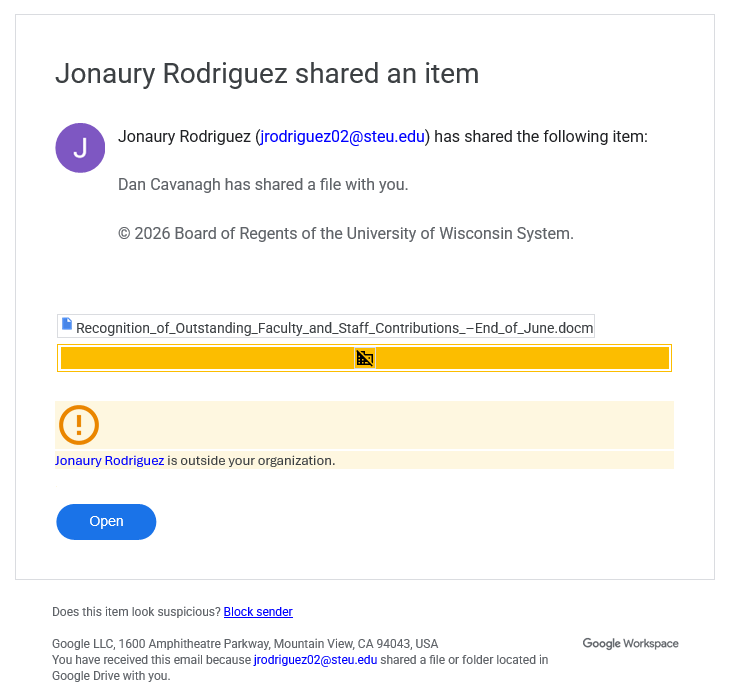 Example phishing email from malicious sender, posing as someone from the University of Wisconsin.