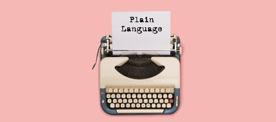 Image of a typewriter with the words "Plain Language" typed on a piece of paper