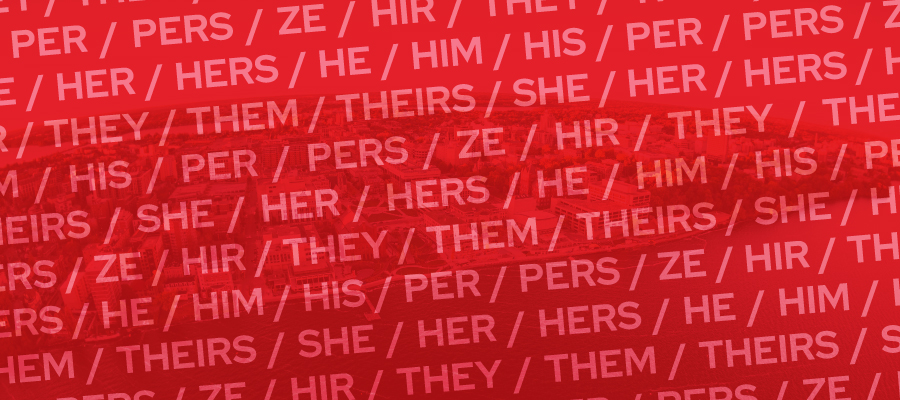 UW-Madison campus in the background, with pronouns in the foreground