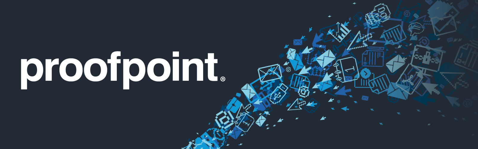Proofpoint logo in white on a dark background. Small illustrations of technology-related items are colored in shades of blue and appear in an arc in the background.