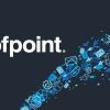 Proofpoint logo in white on a dark background. Small illustrations of technology-related items are colored in shades of blue and appear in an arc in the background.