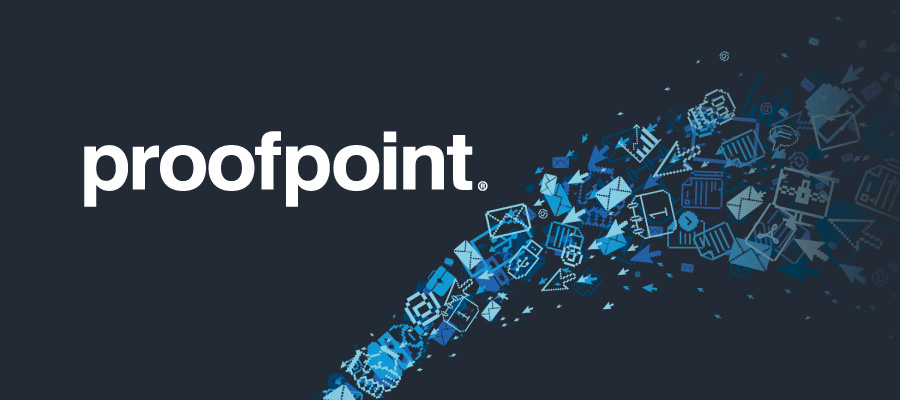 Proofpoint logo in white on a dark background. Small illustrations of technology-related items are colored in shades of blue and appear in an arc in the background.