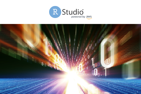 RStudio powered by AWS logo with a photo of high speed data.