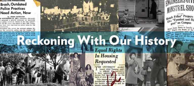 Collection of historical newspaper headlines and photos from the UW-Madison Public History Project with the title "Reckoning With Our History"