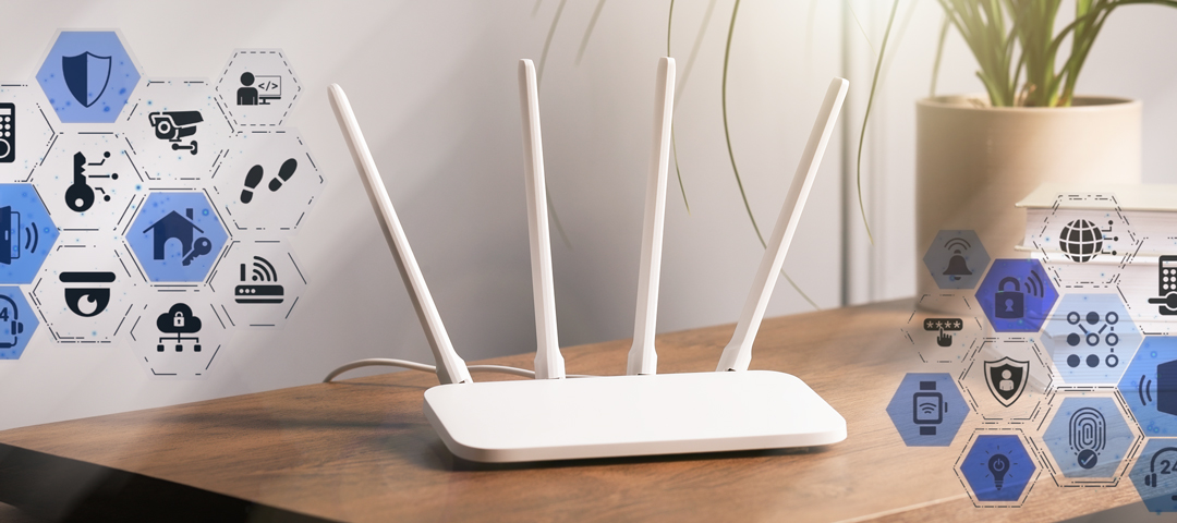A white internet router with four antennas sits on a table amid home security icons.