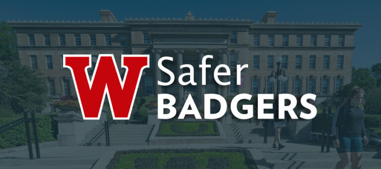 Safer Badgers logo superimposed over a picture of masked students walking in front of Agricultural Hall