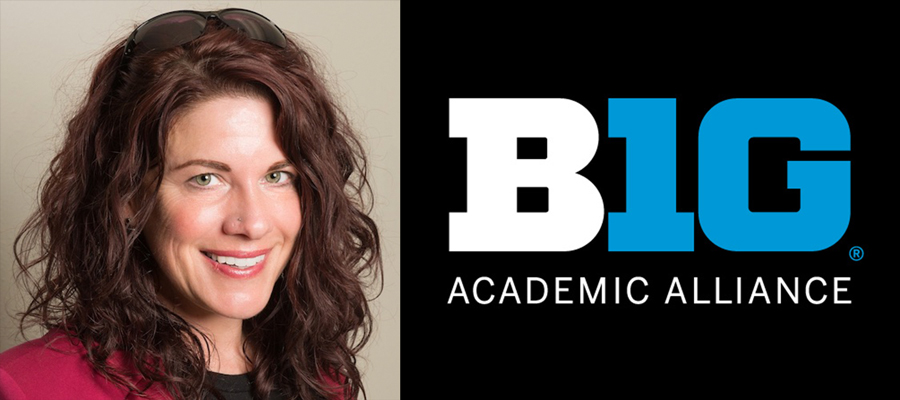 Portrait of Sara Tate Pederson with the Big Ten Academic Alliance logo