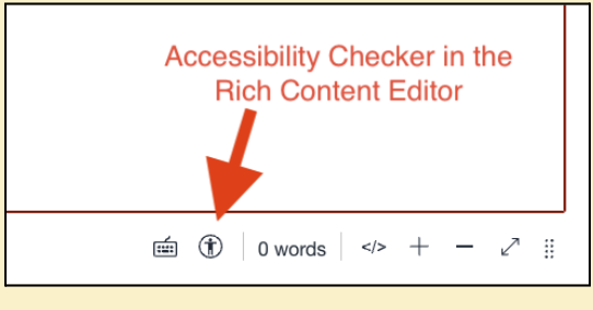 A screenshot with a red arrow pointing at where the accessibility checker can be found when editing content in canvas.
