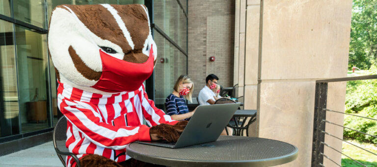 Masked Bucky using a laptop
