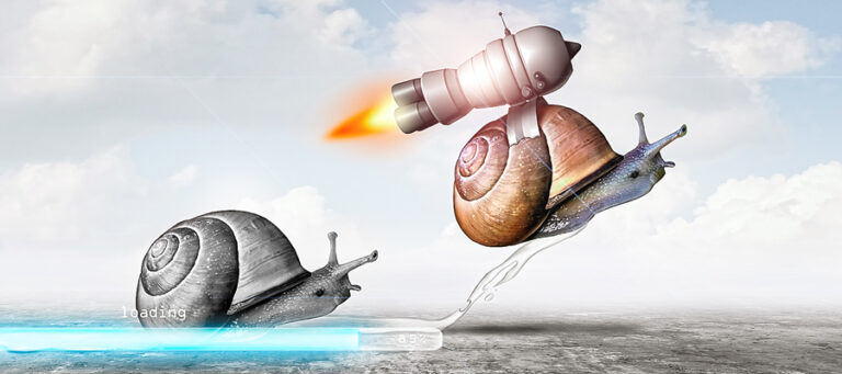 Slow snail with loading bar, fast snail with jetpack
