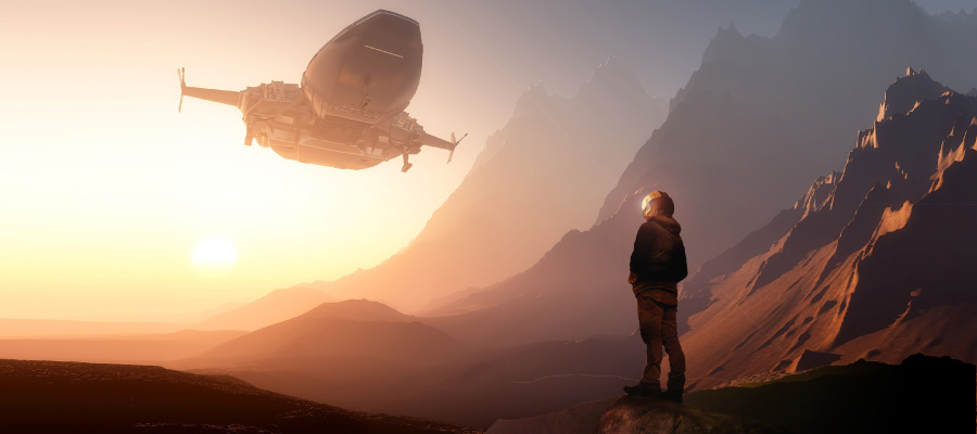 astronaut watching a spaceship land